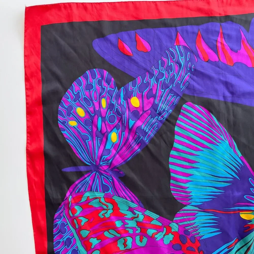 Vintage 70s 80s Satin Square Scarf Butterfly Psychedelic Colorful Dopamine
